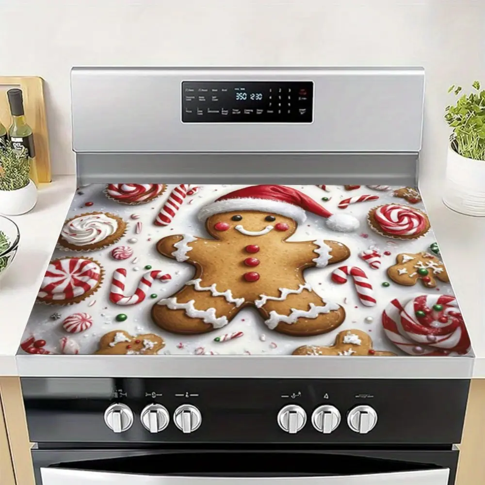 Christmas themed gingerbread man pattern design rubber stove cover - heat-resistant, non slip, absorbent, easy to clean, oven mat, refrigerator mat, kitchen stove cover, suitable for surface protection of ovens, washing machines and appliances