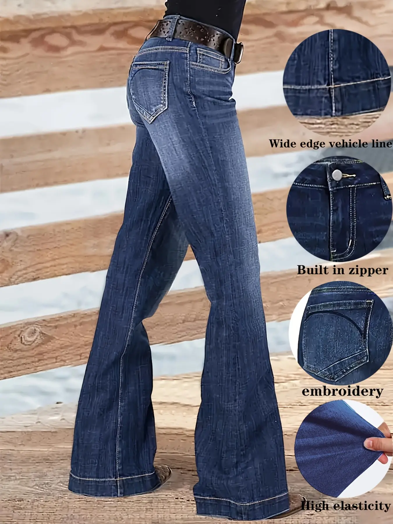 Women's Bell Bottom Denim Woven Jeans with Back Pocket, Simple Embroidery Design, Casual Everyday Long Pants, Fashionable Denim Trousers for Daily Wear