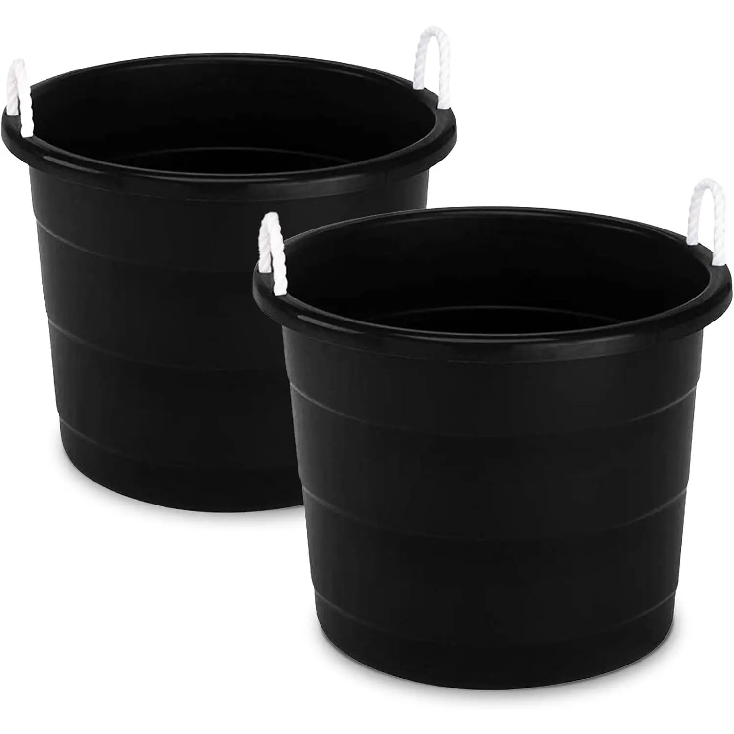 2 Pack of 17 Gallon Storage Buckets, Durable Plastic Containers, Sturdy Rope Handles, Large Tubs for Sports Equipment, Party Cooler, Gardening, Toys and Laundry, Black
