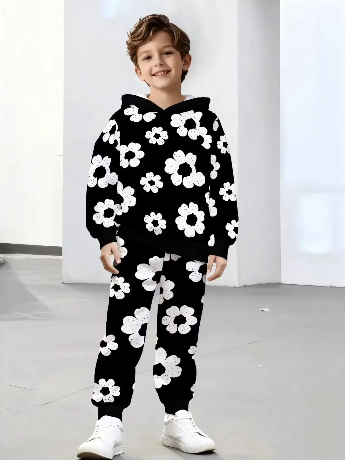 Boys Floral Print Hooded Sweatshirt Set, Girls Spring Fall Casual Sportswear Two-Piece, Fashion Trendy Dressing