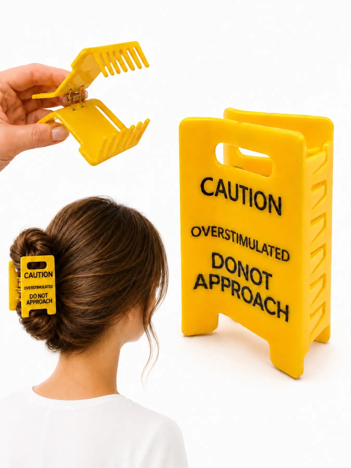 Overstimulated Caution Sign Hair Claw Clip, Setting Boundaries Caution Sign Hair Claw for Women, Funny Mental Health Awareness Gift, Large Hair Clips for All Hair, Yellow Novelty Hair Accessory