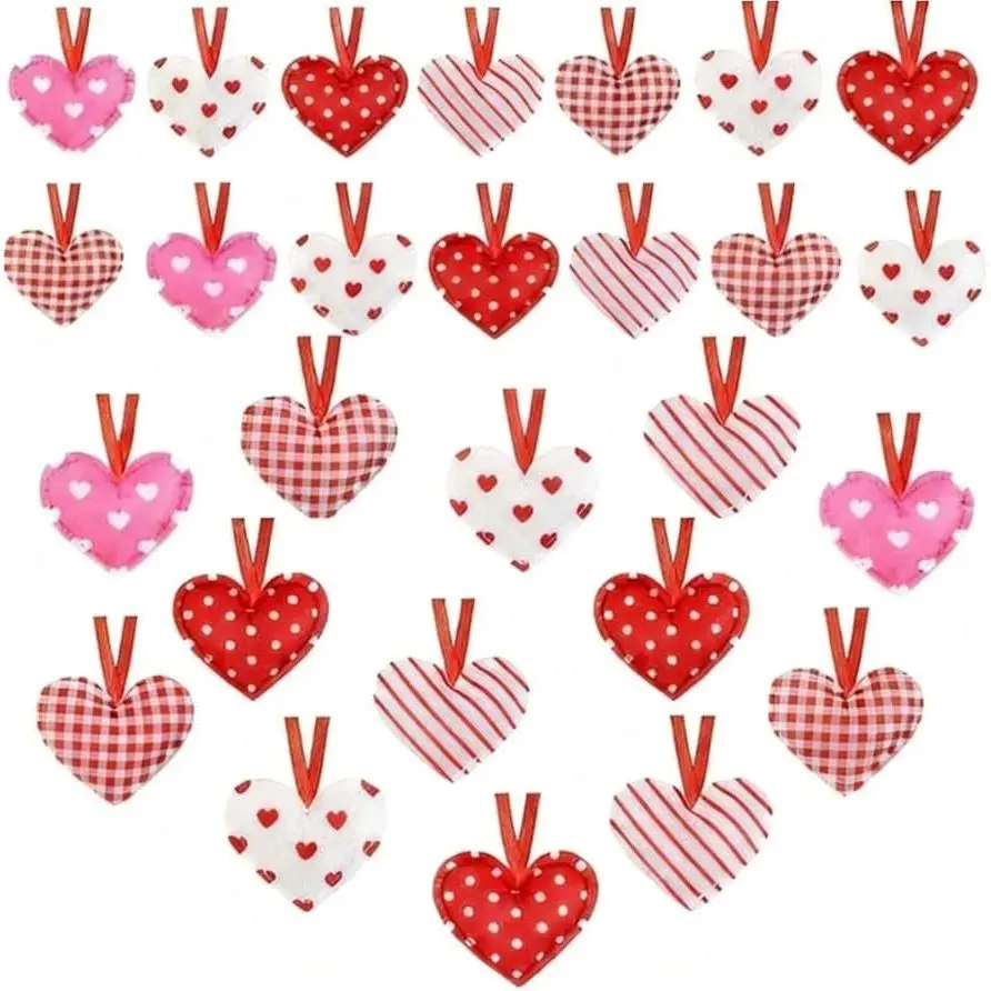 30 count Fabric Heart  Ornaments Valentine's Day Heart Ornaments  Fabric Heart Shaped Decorations Valentines  Pendants Decor for Christmas Tree Party Anniversary Wedding