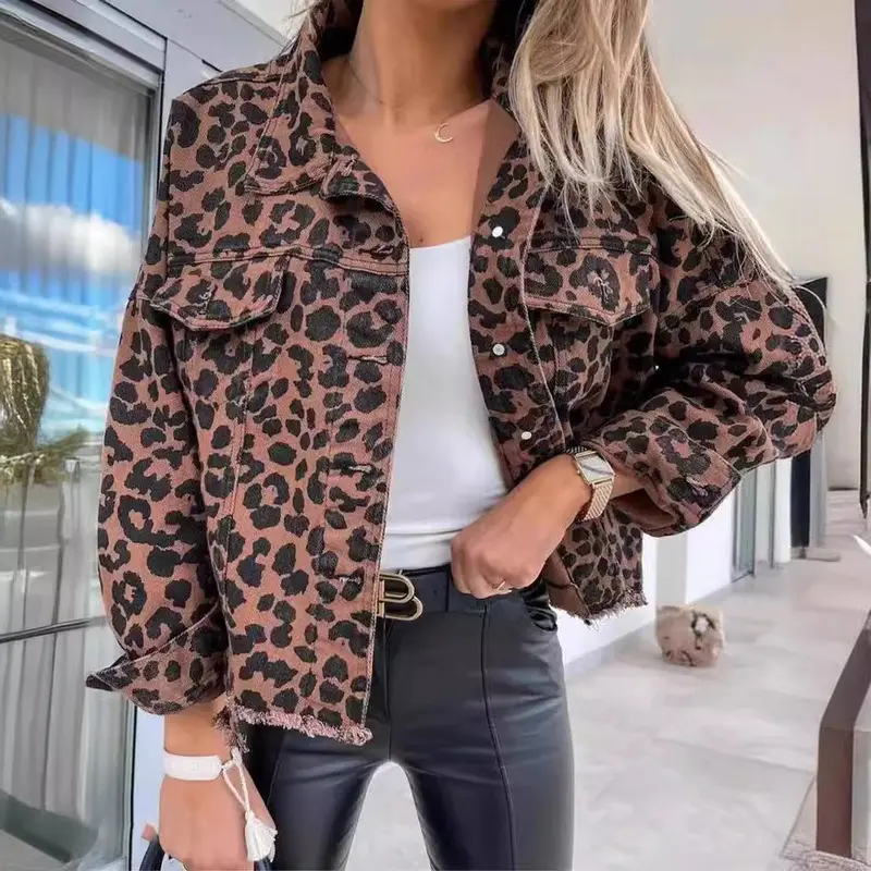 Y2K Hot Girl Style Denim Jacket Leopard Print Long Sleeve Short Loose Casual Jacket for Women