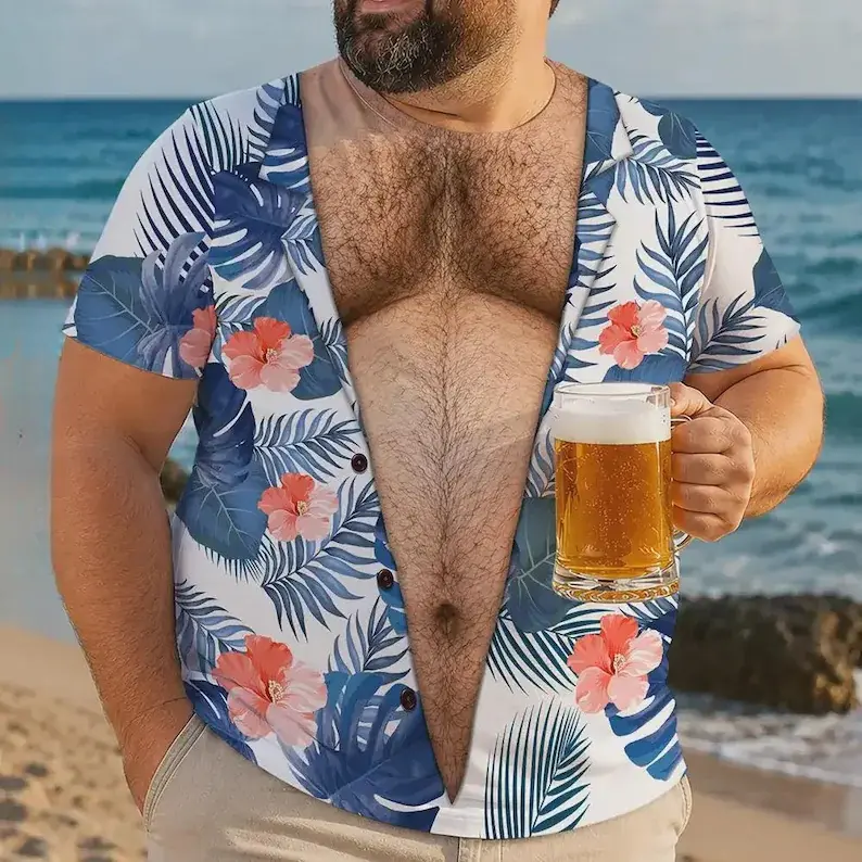 Novelty Funny Hairy Chest T Shirt, Select Skin Tone 3D Fake Muscle Polyester All Over Print Tee, Hawaii-Style Beach Vacation Gifts