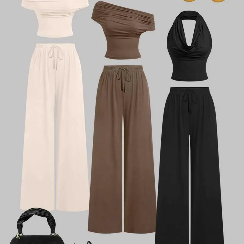 Women's Asymmetrical One-Shoulder Top & Wide-Leg Pants Set, Adjustable Fashionable Comfortable Casual Fitted Outfit