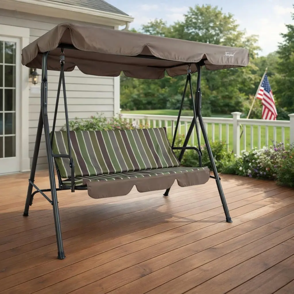 Alicia 3-Seat Patio Swing, Outdoor Canopy Swing | Heavy-Duty Steel Frame, Adjustable Canopy, Removable Cushions for Porch, Poolside, Garden Lime Stripe
