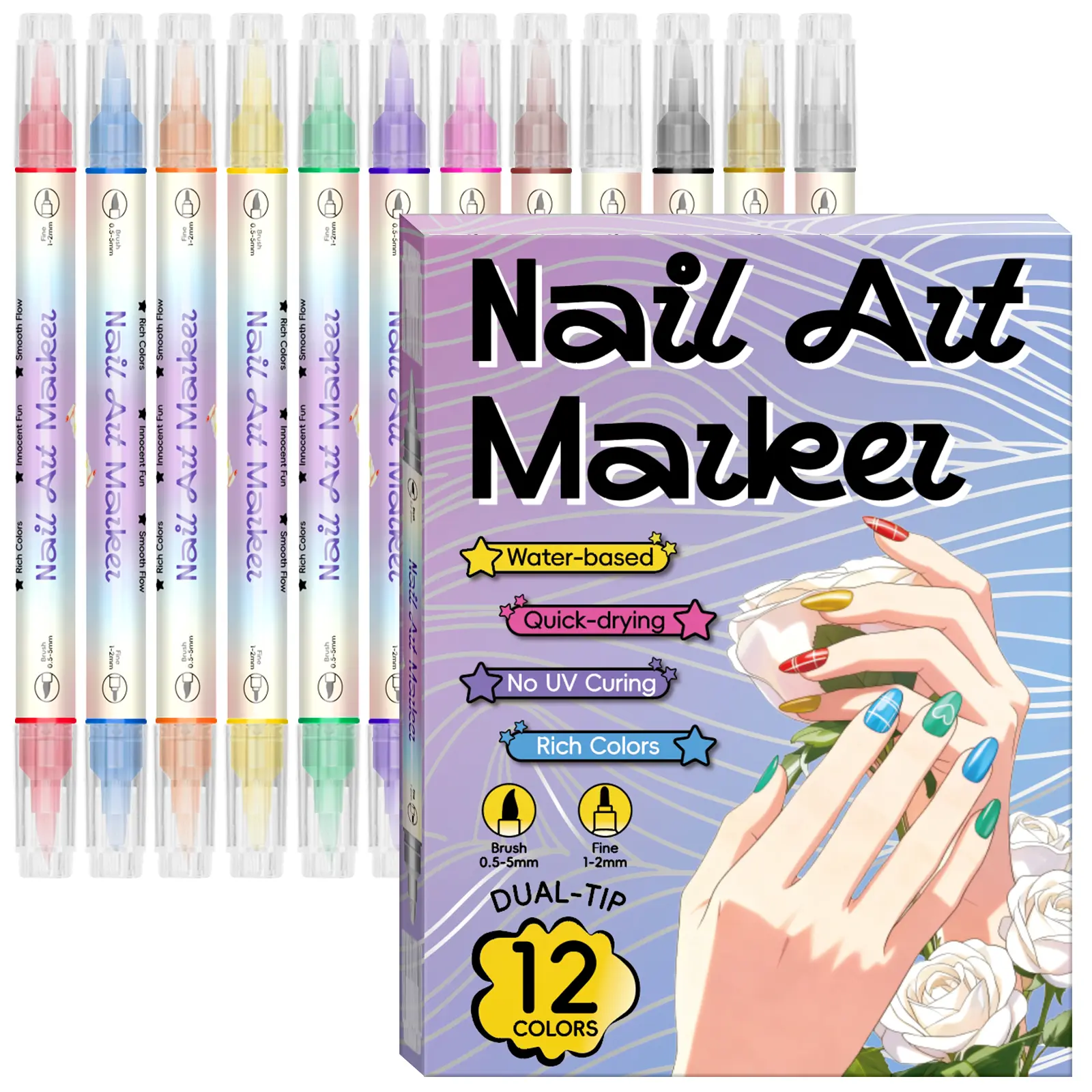 12/24 Dual-Ended Nail Art Markers, Cotton Core Acrylic Pens, Vibrant Colors, Abstract Lines, Floral Patterns, DIY Manicure Tools