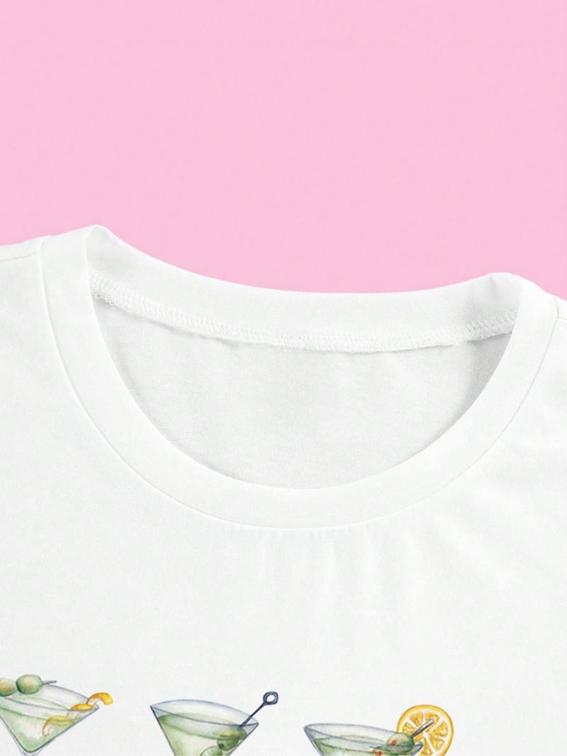 Women's Beverage Print Round Neck Crop Tee, Casual Short Sleeve Crew Neck T-shirt for Daily Wear, Summer Tops, Ladies Back To School Clothes for All Seasons