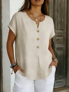 2026 Summer New Women's Fashion Short Sleeve Button Cotton Linen Top, Pure Color Casual Blouse, European and American Style