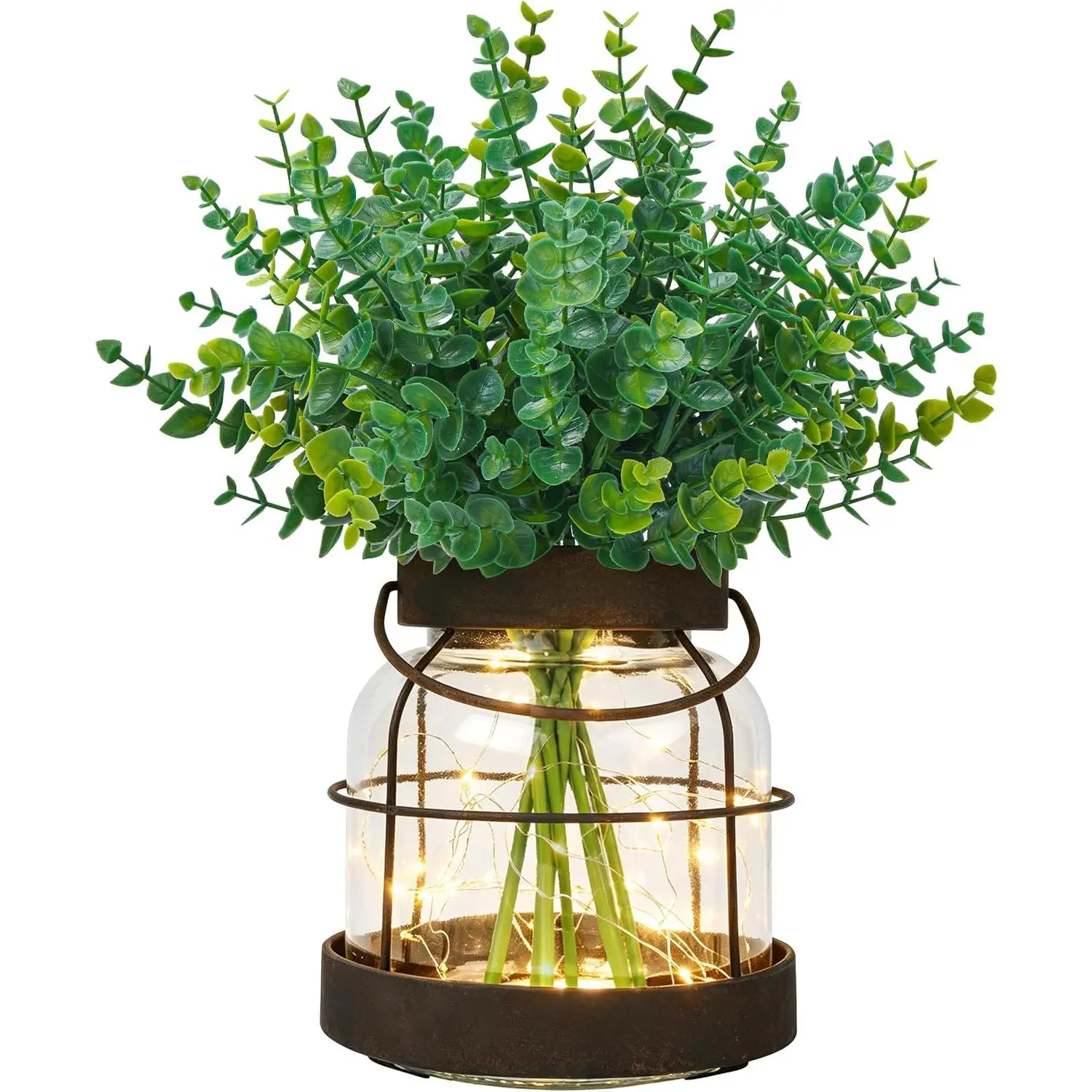 Vase with   & LED Lights for  Decor | Rustic lantern, 7 faux eucalyptus stems, 3-mode LED lights, centerpieces for coffee table shelf entryway decor, giftable