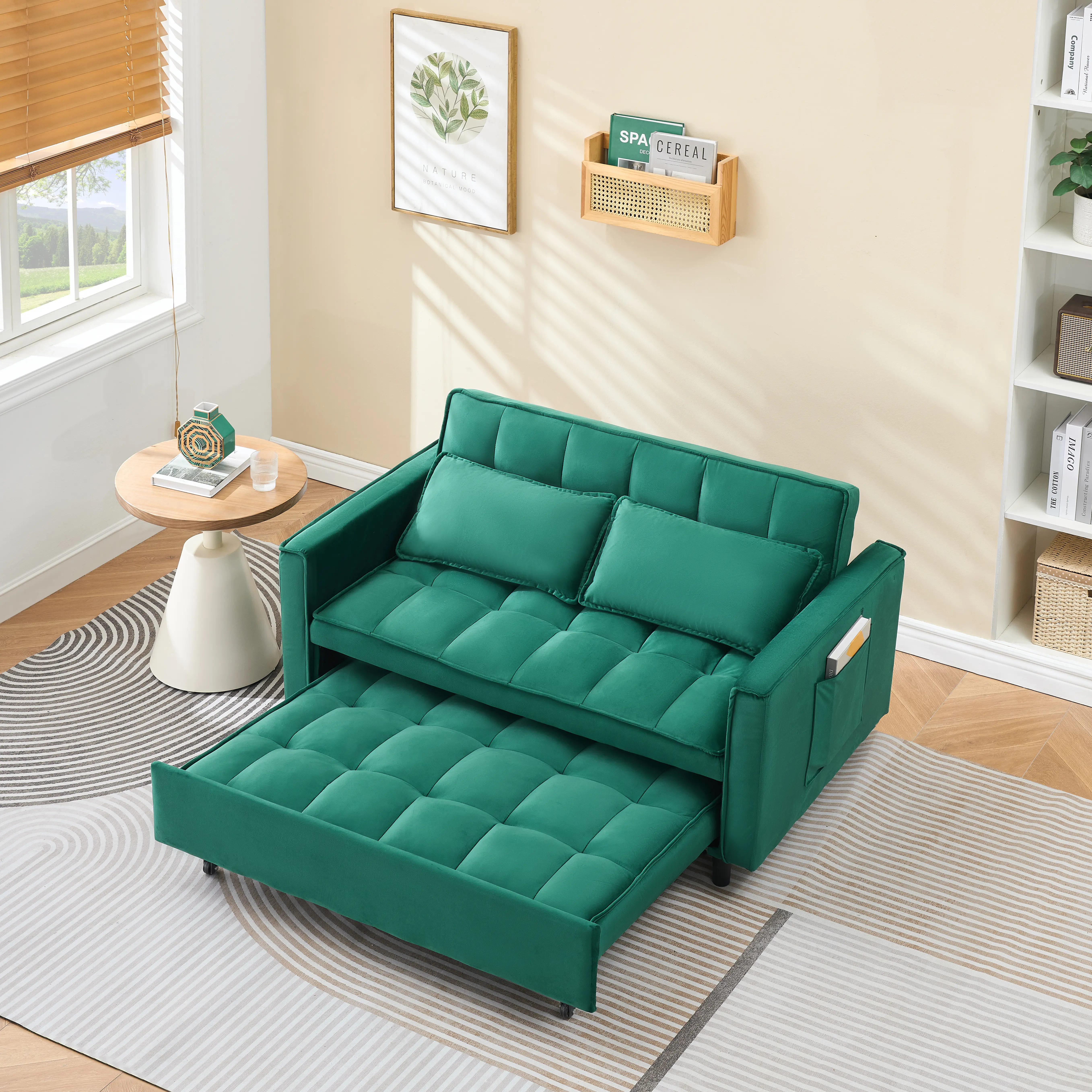 ARCH 55" Green Velvet Sofa Couch with Storage Pockets, 3-in-1 Convertible Sleeper Sofa Bed for Living Room, Elegant Design, Multiple Use Options, Compact Size for Small Spaces, Easy Assembly, Living Room Furniture for Apartment, Lounge