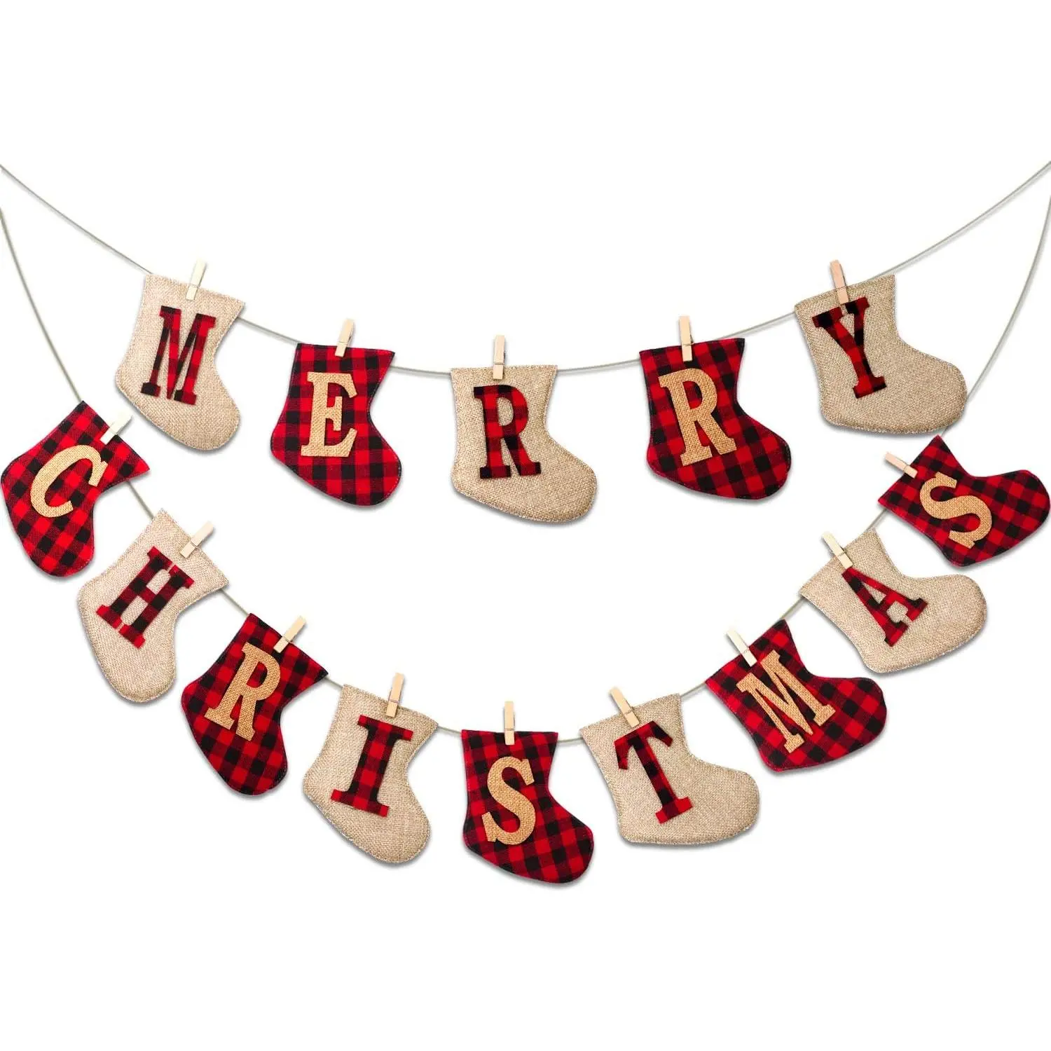 Merry Christmas Burlap Banner-Sock Shaped Christmas Decoration,Outdoor Indoor  Decor,Rustic Holidays Decorations for Mantle Fireplace,Xmas Party Supplies Decoration(1Set)
