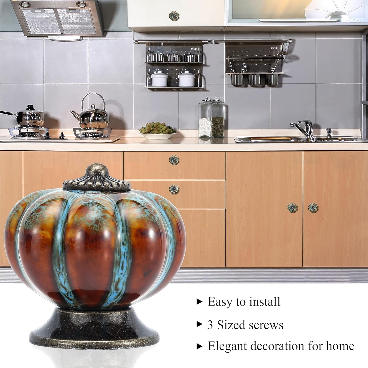 Cabinet Knobs 6 Pack Glazed Ceramic Knobs with Pumpkin Shape for Decor Door Pull Handle for  Cabinet Drawers, Closets, Cupboard (Blue)