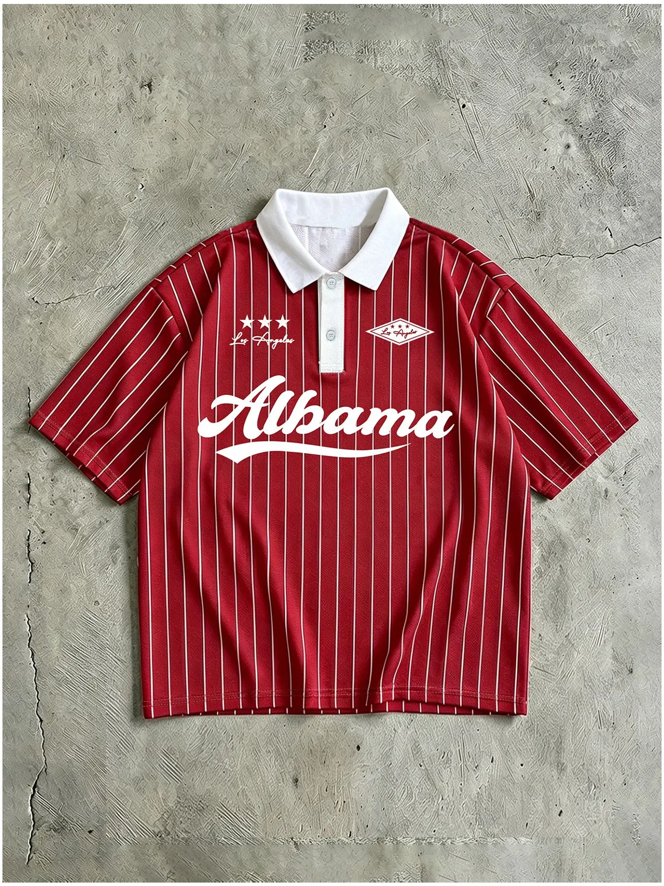 Men's Red White Thin Vertical Pinstripe Short Sleeve Polo Shirt, Alabama Cursive Letter Los Angeles Star Diamond Badge Chest Print, White Lapel Collar Half Button Placket, Loose Oversized Street Fit, Retro Baseball Daily Casual Top