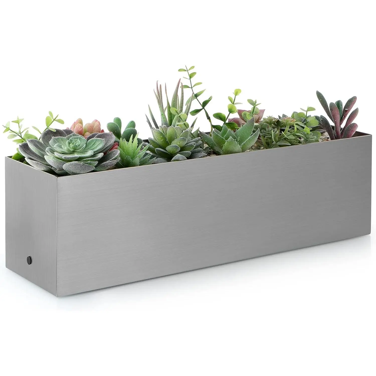 17" Large Stainless Steel Planter Box with Drain Holes and Water Reservoir, Rectangle Succulent Trough Planter Pot for Indoor Outdoor Windowsill, Table Decor (Brushed Nickel)
