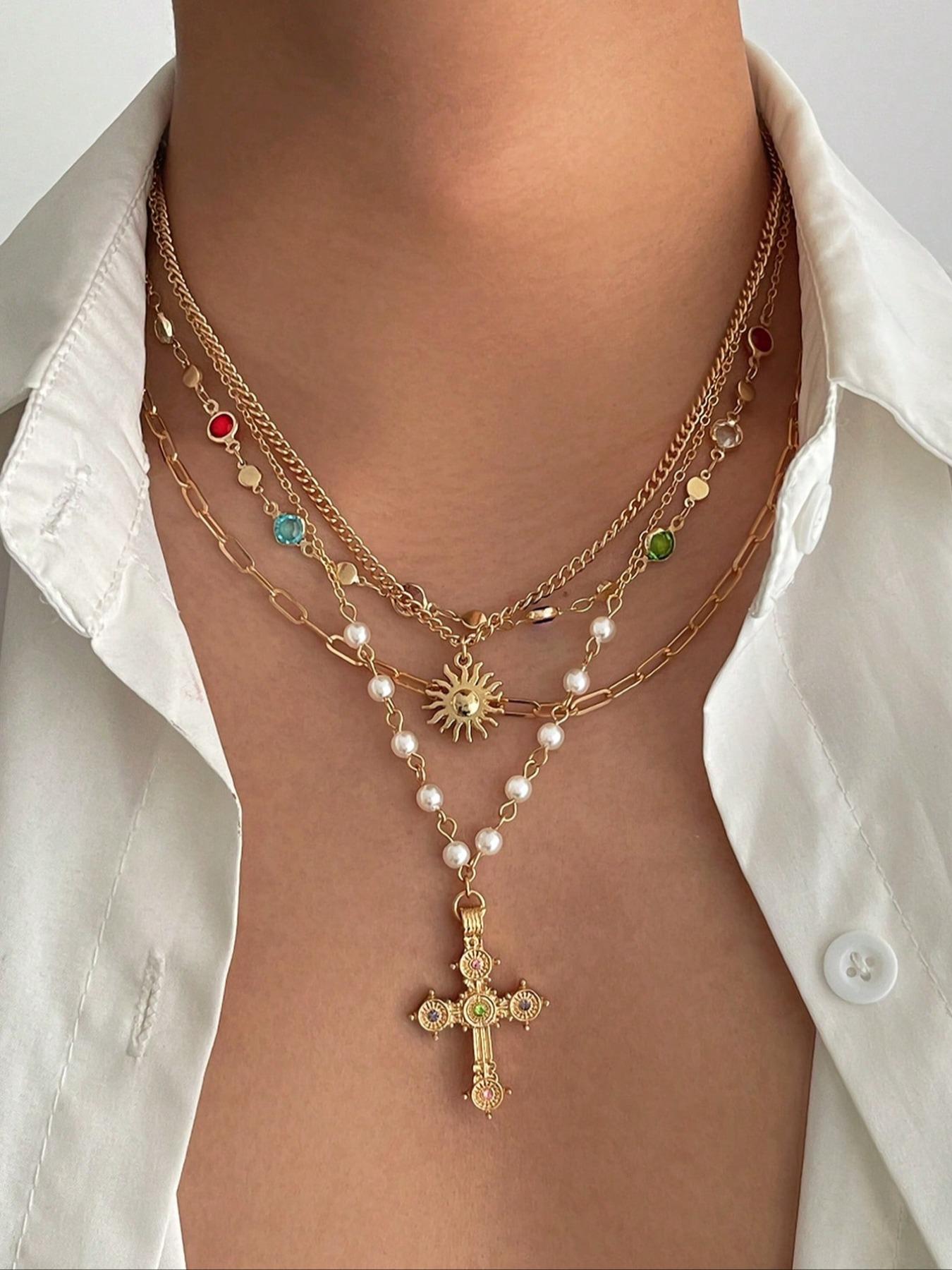4-piece Vintage Multi-color Rhinestone Cross Sun Pendant Elegant Necklace Set, Durable Alloy Material Adjustable Hip Hop Punk Unique Cross Pendant Jewelry for Men, Couples Necklace, Iced Out Chains