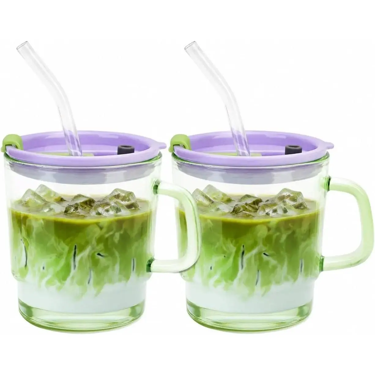 Glass Coffee Mugs with Handle, 13 oz Glass Cups with Straw & Lids | Leak & Spill Proof, BPA-Free, Reusable Glass Iced Coffee Cups for Tea, Matcha, Cute Coffee Bar Accessories, Set of 2