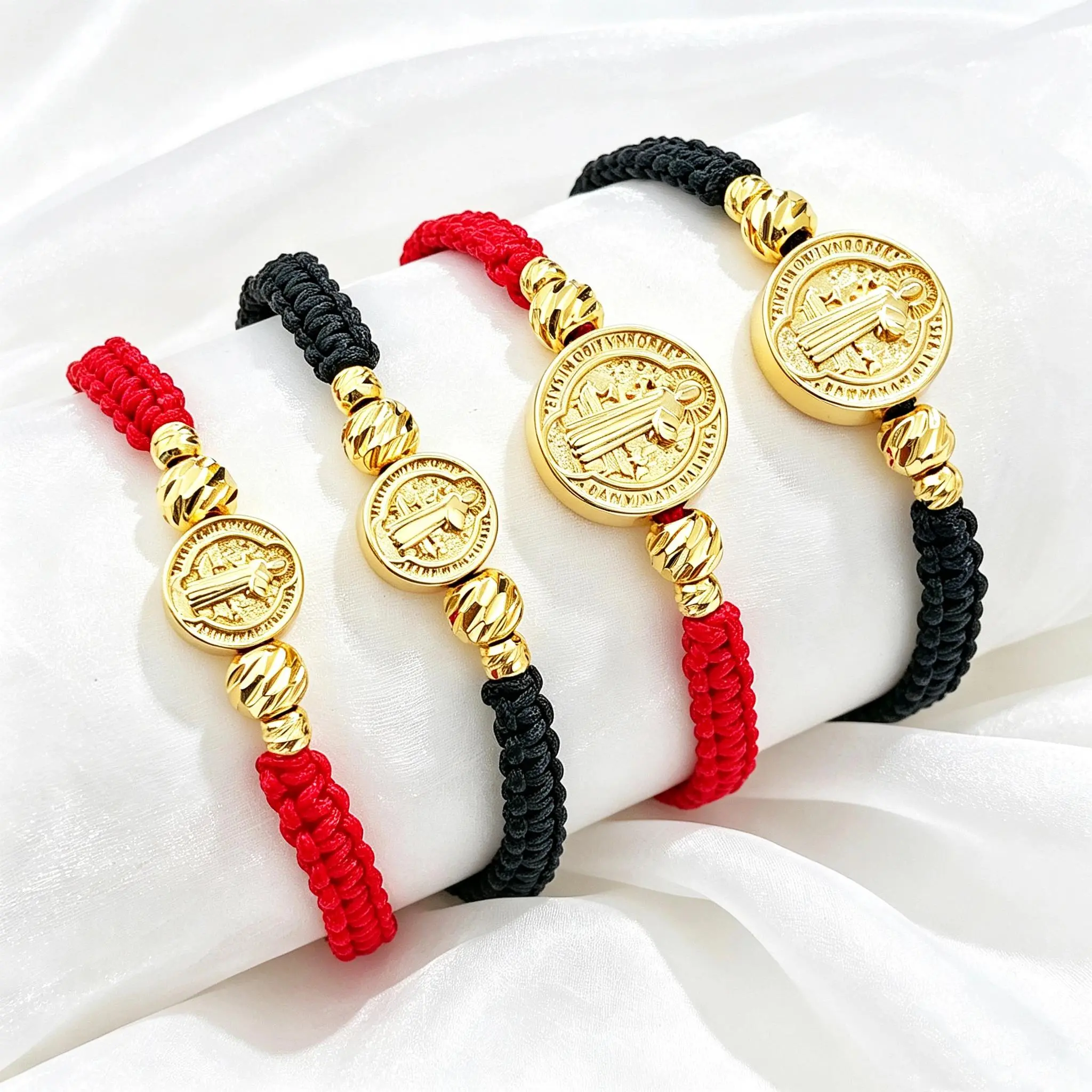 Unisex Braided String St. Benedict Bracelet - Gold-Plated Catholic Protection Medal, Adjustable Size Waterproof Faith Jewelry, Faith Gift for Bag Accessories Charms
