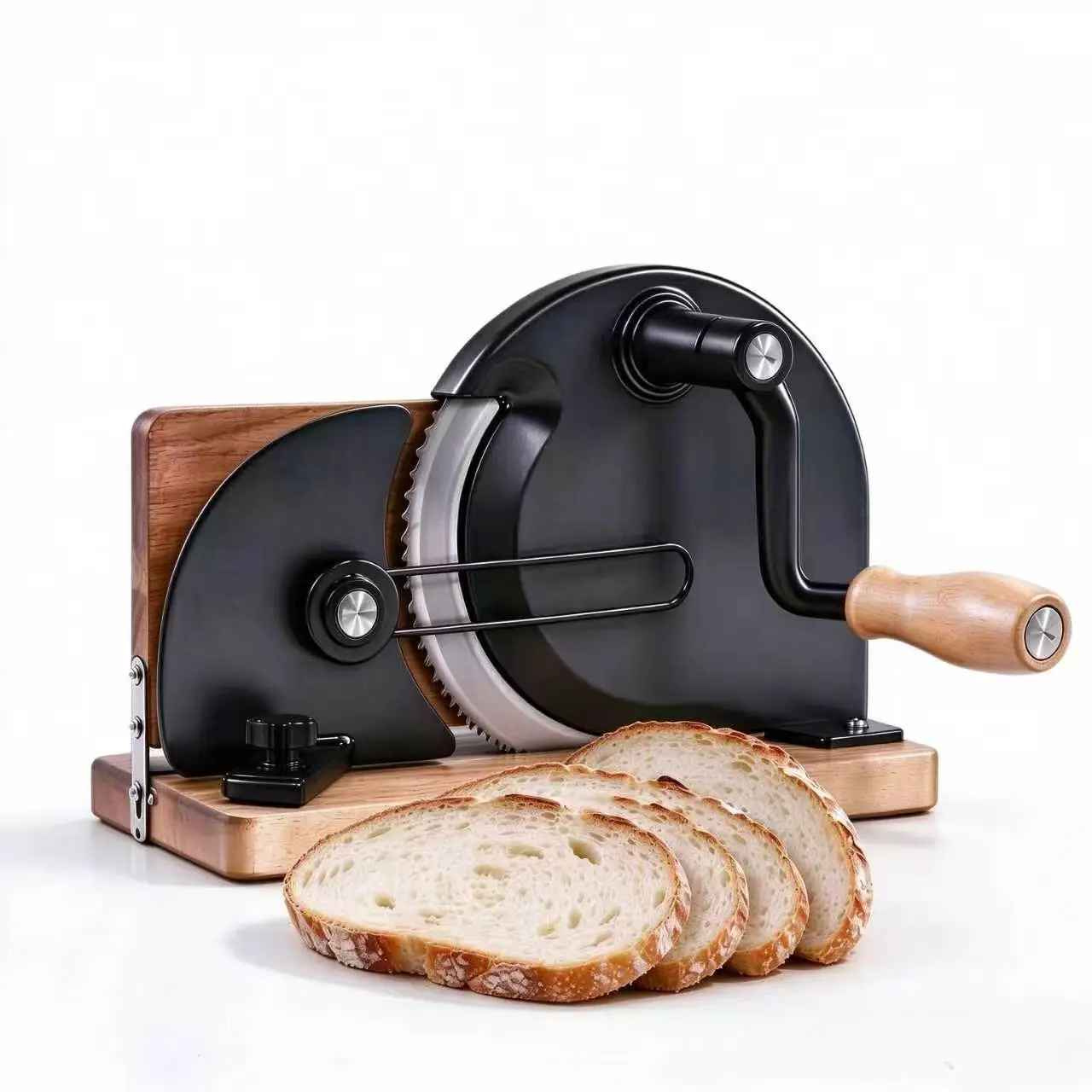 Manual Bread Slicer,Manual Hand Food Slicer AdjustableThickness, with Scale Line & Suction Cup & Metal Guide andBonus Bottle Opener, Foldable Solid Wood Base Slicer forBread, Ham & Cheese, for Household Kitchen Knives