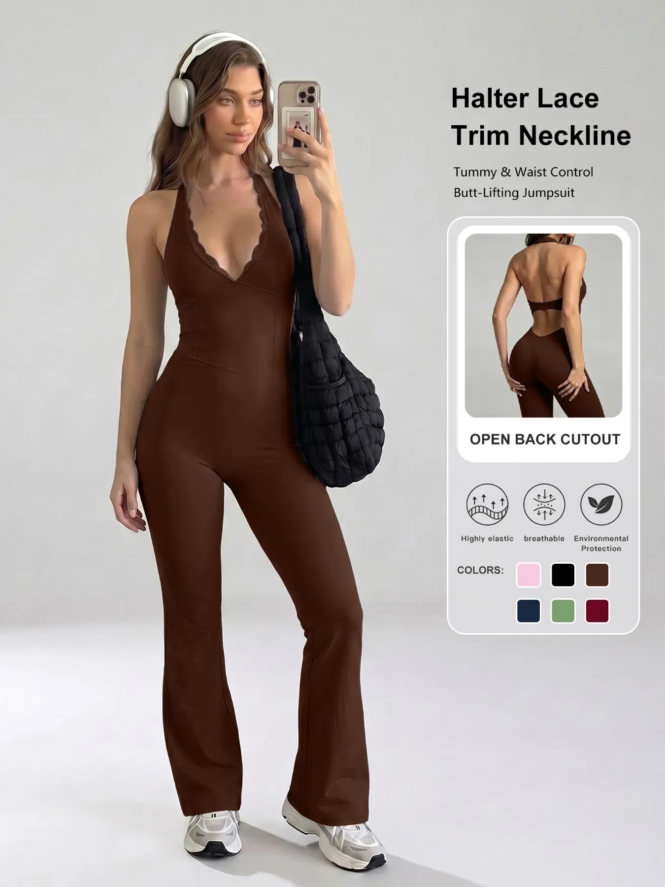 Women's Halter Neck Lace Trim V-Neck Yoga Jumpsuit, Backless Hollow Out Butt Lifter Flared Leg Fitness Jumpsuit, Waist Cinching Workout Suit