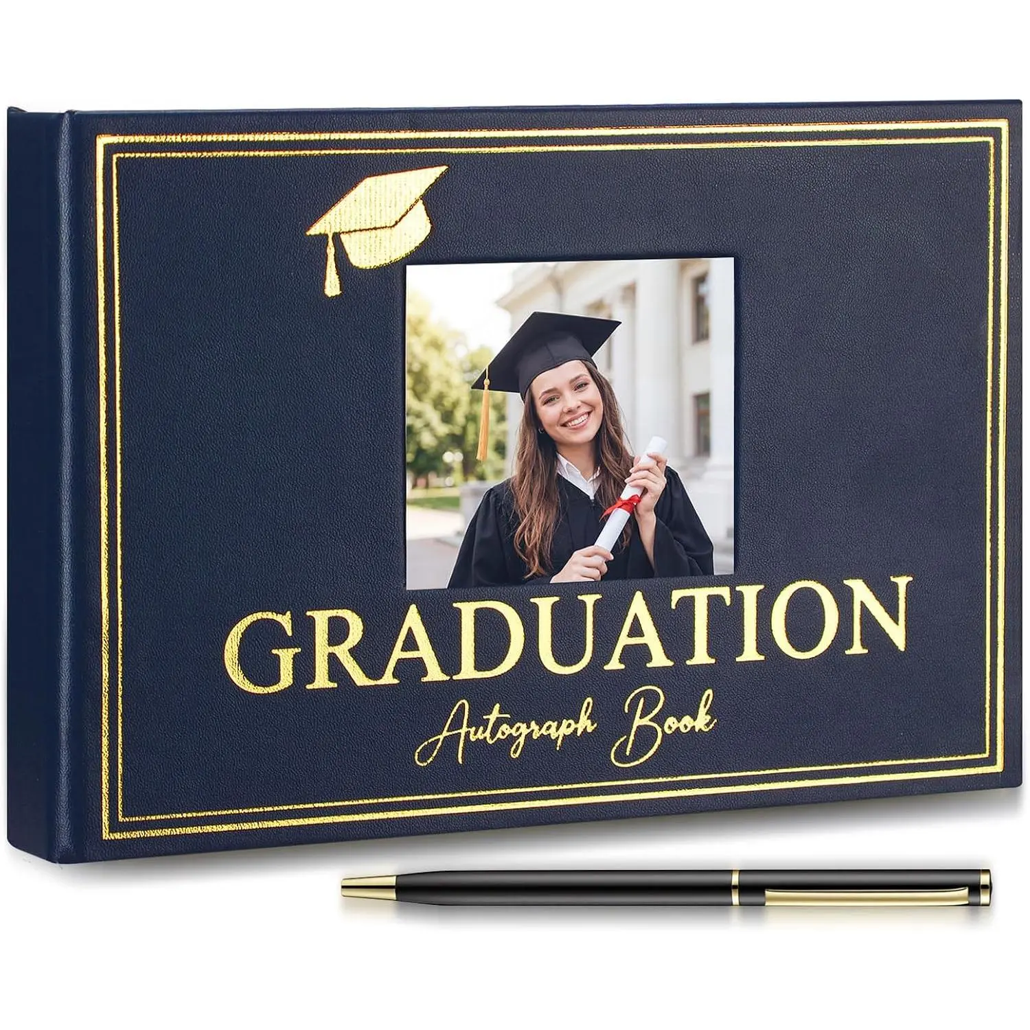 Resurhang 2026 Graduation Autograph Book with Pen Leather Guest Sign in Book Photo Graduation Signature Books 100 Pages Class of Grad Memory Scrapbook for Seniors Night College Party Gifts(Blue)
