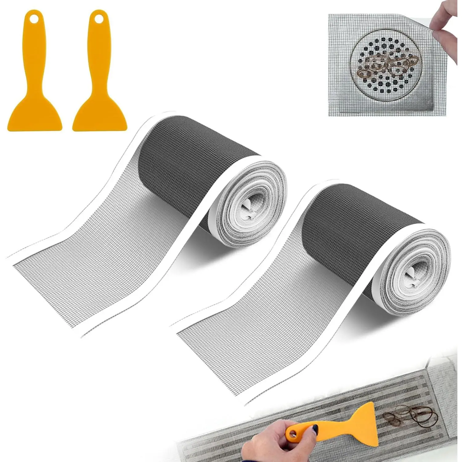 2 count 4 Inch x 33 FT Disposable Shower Drain Screen Self-Adhesive Stickers, with Cleaning Shovel, Showers Drain Hair Catcher, Shower Drain Mesh Stickers for Bathroom Kitchen Sink