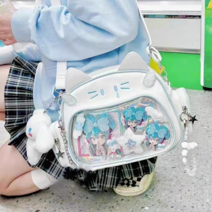 Y2K Korean Cute Cat Ita Bag Japan Kawaii PU Crossbody Bag Girls Transparent Pocket Harajuku Shoulder Bag Silver Fashion Backpack Y2K Korean Cute Cat Ita Bag Japan Kawaii PU Crossbody Bag Girls Transparent Pocket Harajuku Shoulder Bag Silver Fashion Backpack