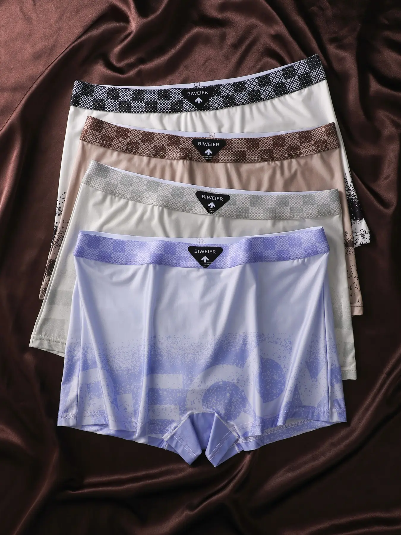 4 Pack Biweier Women's Ice Silk Checkered Print Boyshorts, Soft Skin-Friendly, Cool Breathable, Trendy Gradient Underwear, Casual Sportswear