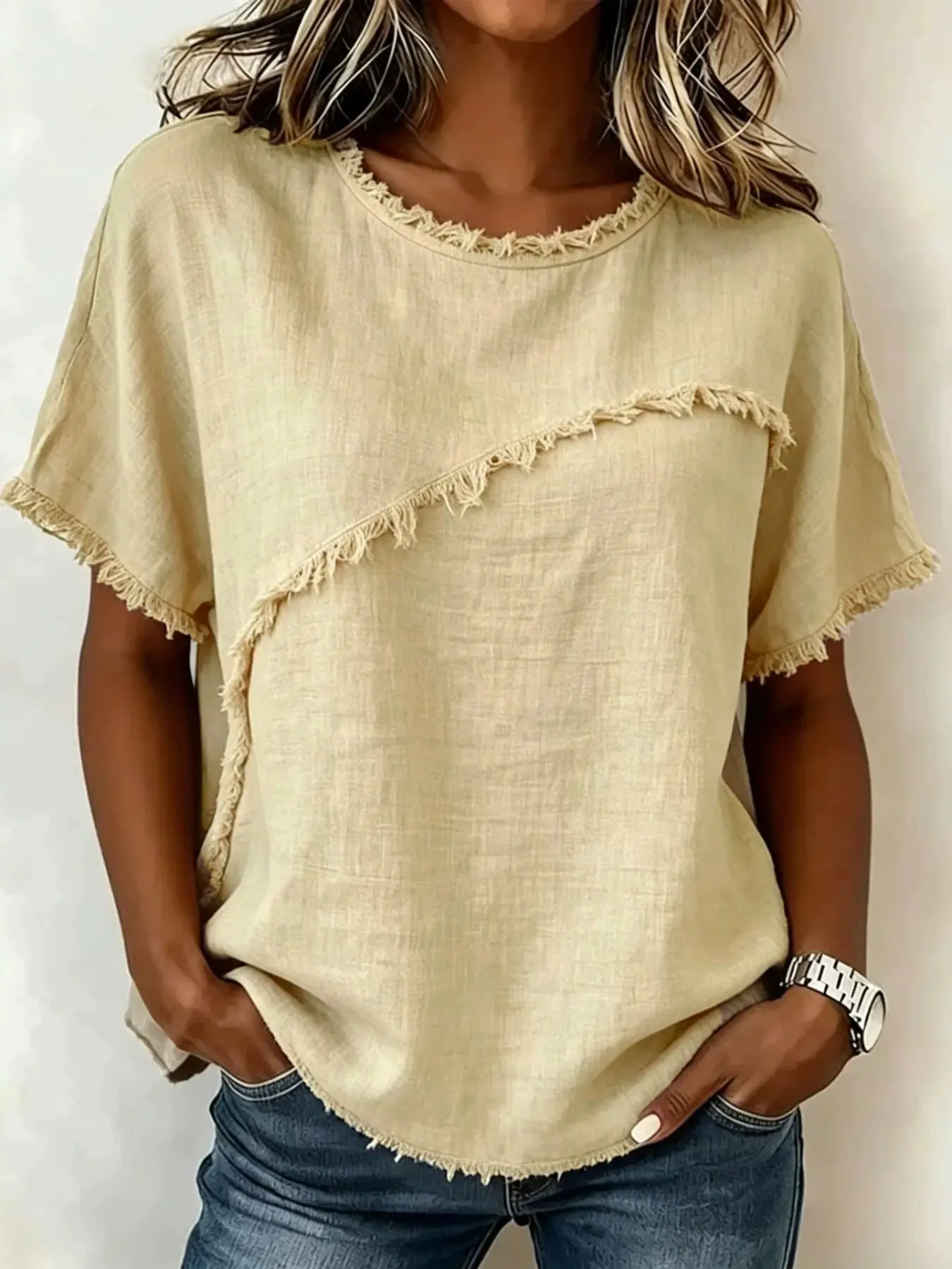 Women's Round Neck Casual Loose Fit Cotton Linen Short Sleeve Top, Comfortable Summer Blouse, Trendy Ladies' Clothing