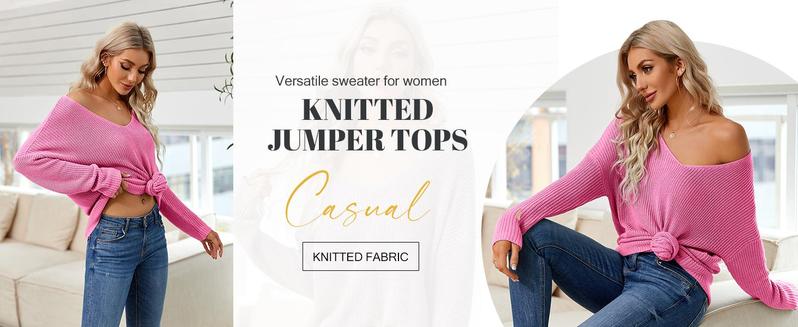 Womens V Neck Oversized Sweater Long Sleeve Knit Pullover Loose Fit