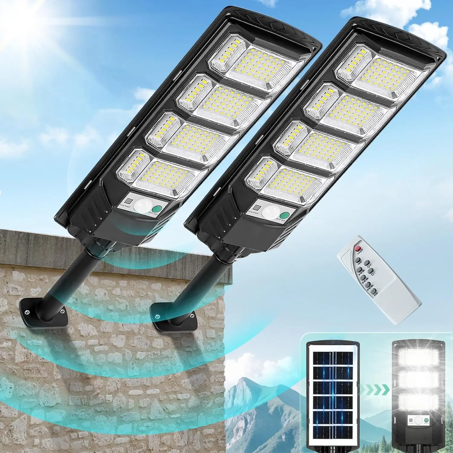 Solar Lights Outdoor Waterproof, 2 Pack Solar Street Lights 12000 Lumen with Motion Sensor, Flood Security Light with Remote Control Dusk to Dawn Commercial Lighting Yard Path 192LED