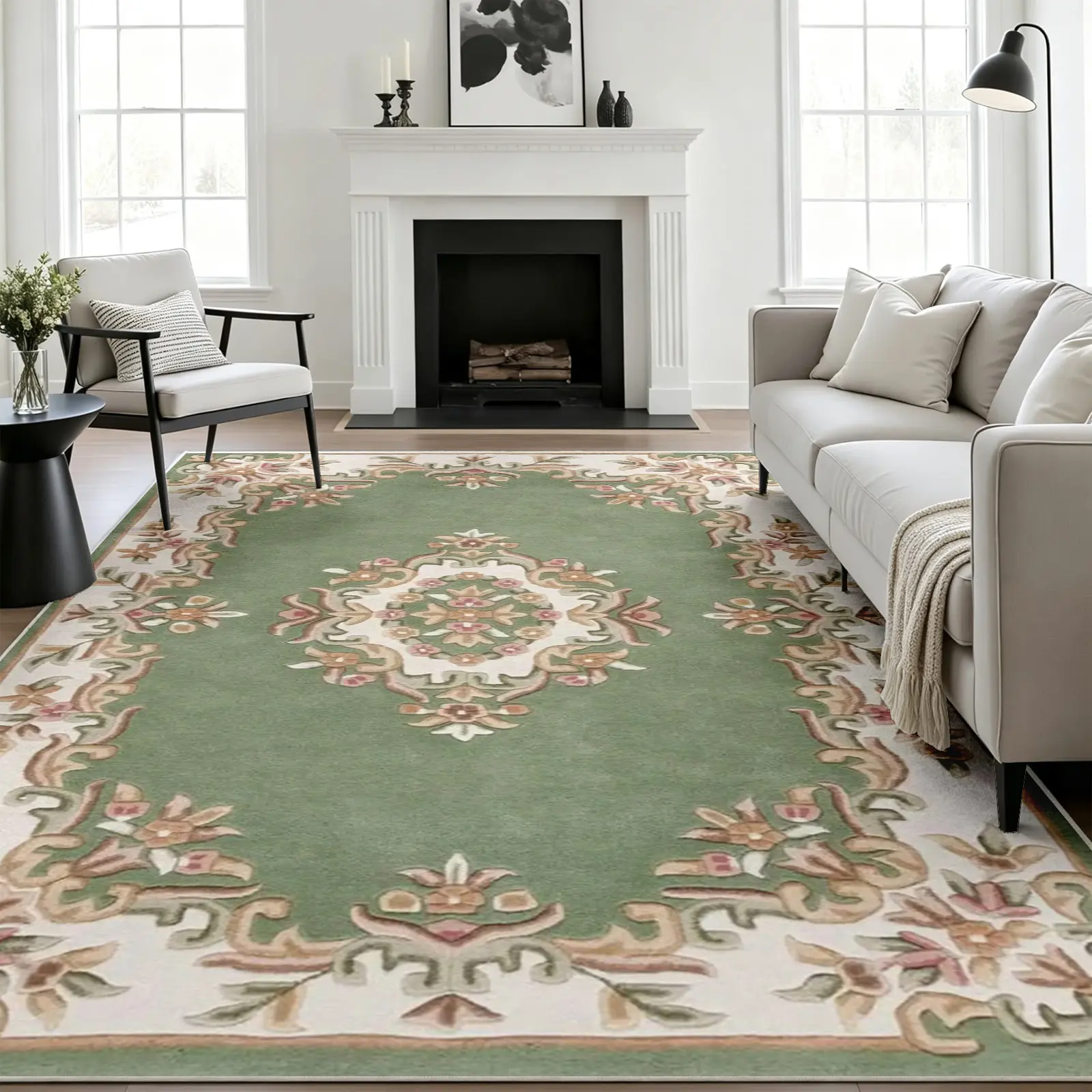 Elegant French Country Rug, Cream Base Inset with Sage Green Floral Medallion and Corner Details, Non-Slip Machine Washable Carpet, Durable Soft Low Pile Mat, Rugs for Living Room Bedroom Room Decor, 8 x 10 ft Area Rugs