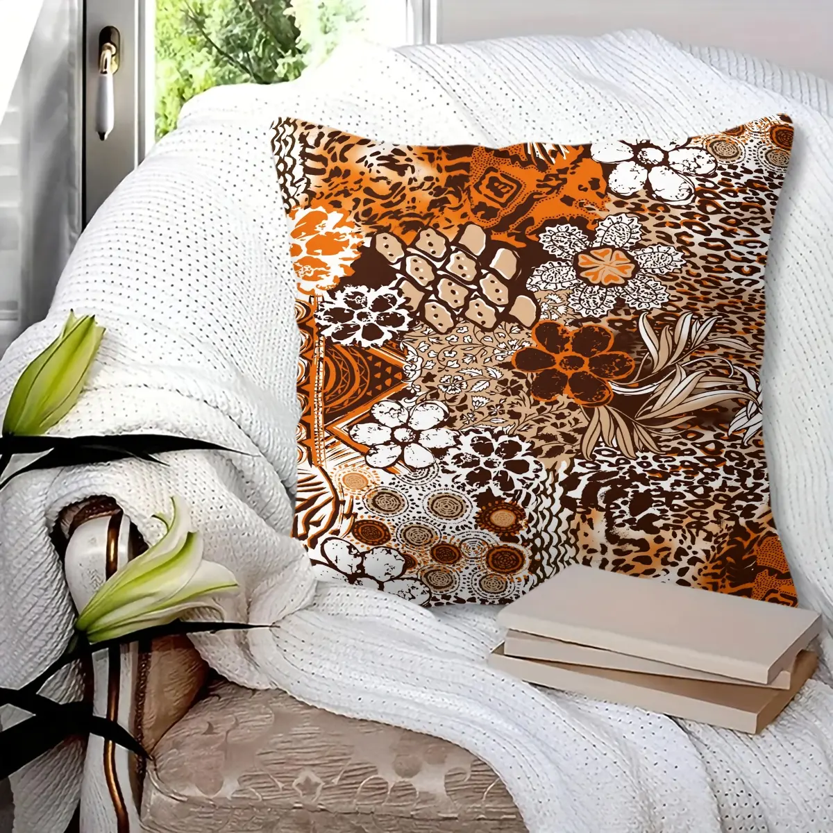 45x45cm 1Pc, Trendy Boho Patchwork Leopard Floral Print Throw Pillow, Soft, Fluffy, Durable and Cozy, Perfect for Sofa, Couch, Bed, Bedroom and Living Room Home Decoration, Home Decorative Cushion, Great Small Holiday Gift, Includes Pillow Insert