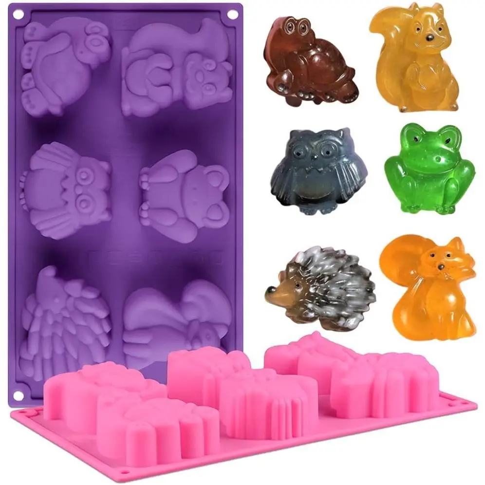 MoldFun 2Pcs Safari Woodland Animal Silicone Baking Mold, Wild Zoo Frog Fox Turtle Hedgehog Owl Squirrel Shaped Mould for Cake Chocolate Candy Jello Soap Crayon Ice Cube Tray