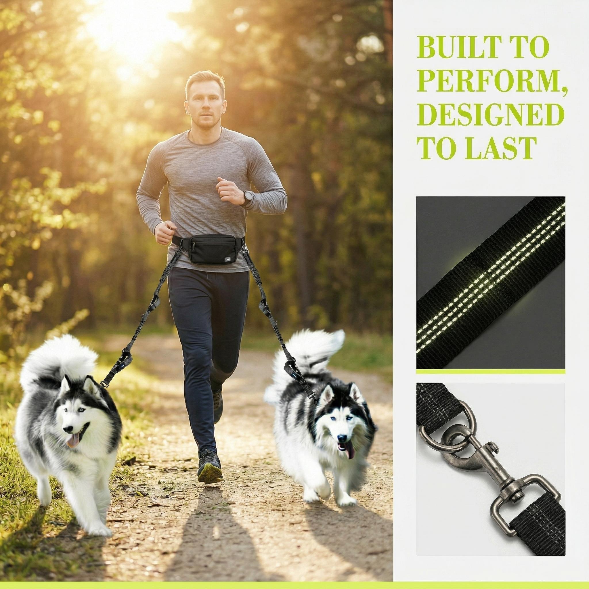Hands-Free Dog Running Leash with Waist Belt| Adjustable Reflective Bungee Leash, Dual Handles, Shock-Absorbing for Medium & Large Dogs Walking, Jogging & Hiking