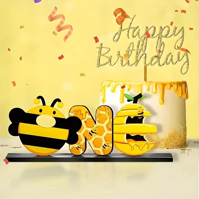 Bee Themed ONE Wooden Table Sign｜Honey Bee Freestanding Wood Centerpiece, First Birthday Desktop Ornament for Bee Themed 1st Birthday Party Baby Shower, Kid Birthday Photo Prop Table Decoration