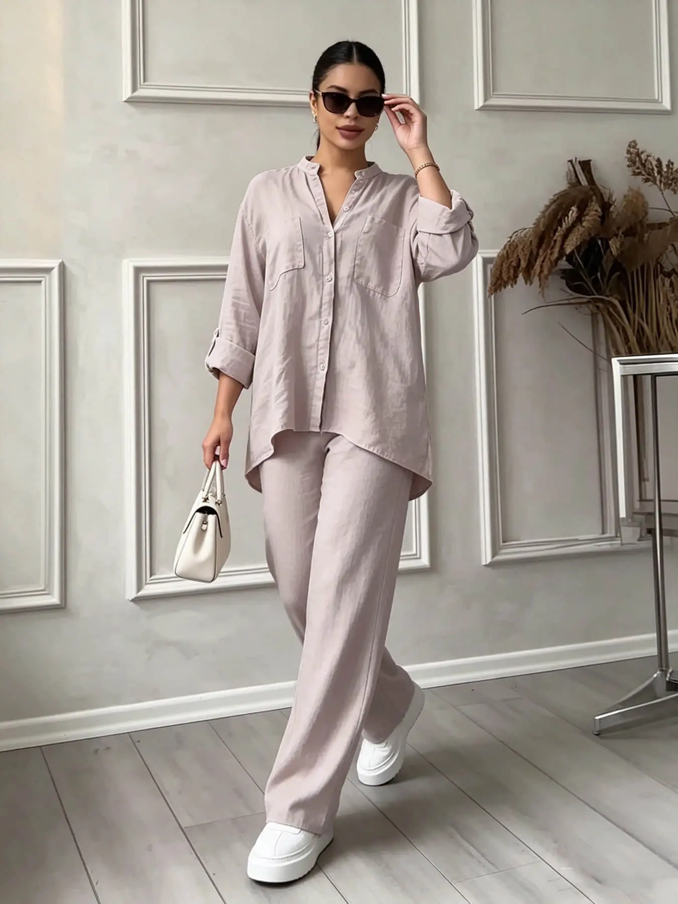 Two piece set for women, fashionable and lazy style, seaside vacation style, loose and relaxed feeling. The chest pocket design is suitable for all seasons, suitable for home relaxation, beach strolling, and travel. Co Ord Sets