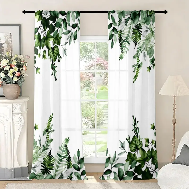 2-piece set - Green vine and leaves - Printed semi-transparent curtains, rod bag curtains, suitable for living room, bedroom, home decoration, machine washable, hookless, Semi Sheer Curtain, Window Curtains