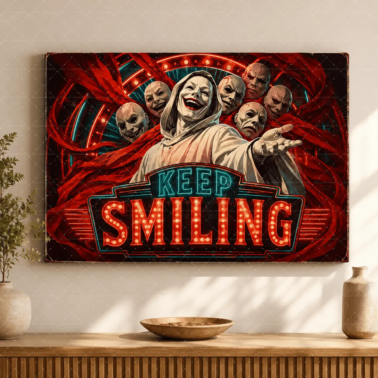 "Keep Smiling" Gothic Carnival Canvas Wall Art, Neon Horror Print, Dark Aesthetic, Living Room Bedroom Office Decor, Spooky Motivational Poster Gift,wall decor,poster.