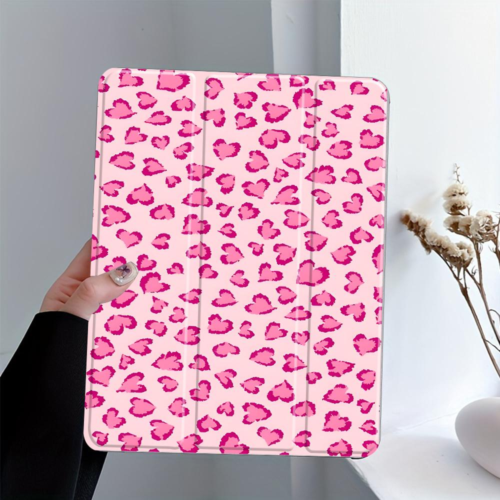 Romantic Pink Leopard Pattern Four-Corner Shockproof Tablet Case with Pen Slot Foldable,Suitable for iPad Mini, Air, Pro 4,5,6,7(2017,2018,2019,2020,2021,2022,2023,2024,2025 models),and Samsung S6,7,8,9,10FE + A7 LTE tablet cases