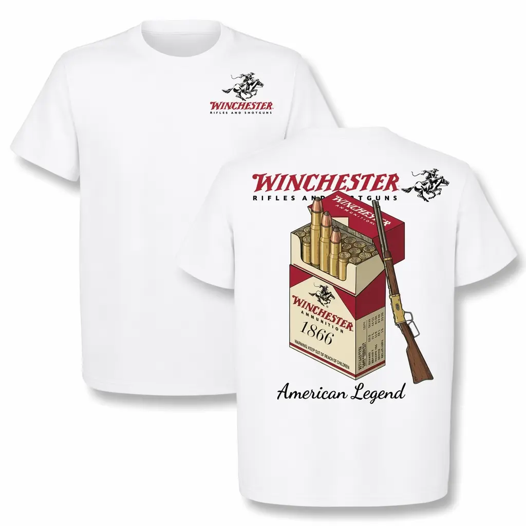 Winchester Men's Cotton Short-Sleeve T-Shirt - American Legend, 1866 Ammo Box Graphic, Lever Action Rifle Print, Retro Hunting Apparel, Gun Enthusiast Gift, Classic Cowboy Western Style, Breathable Menswear, Quarter-Zip