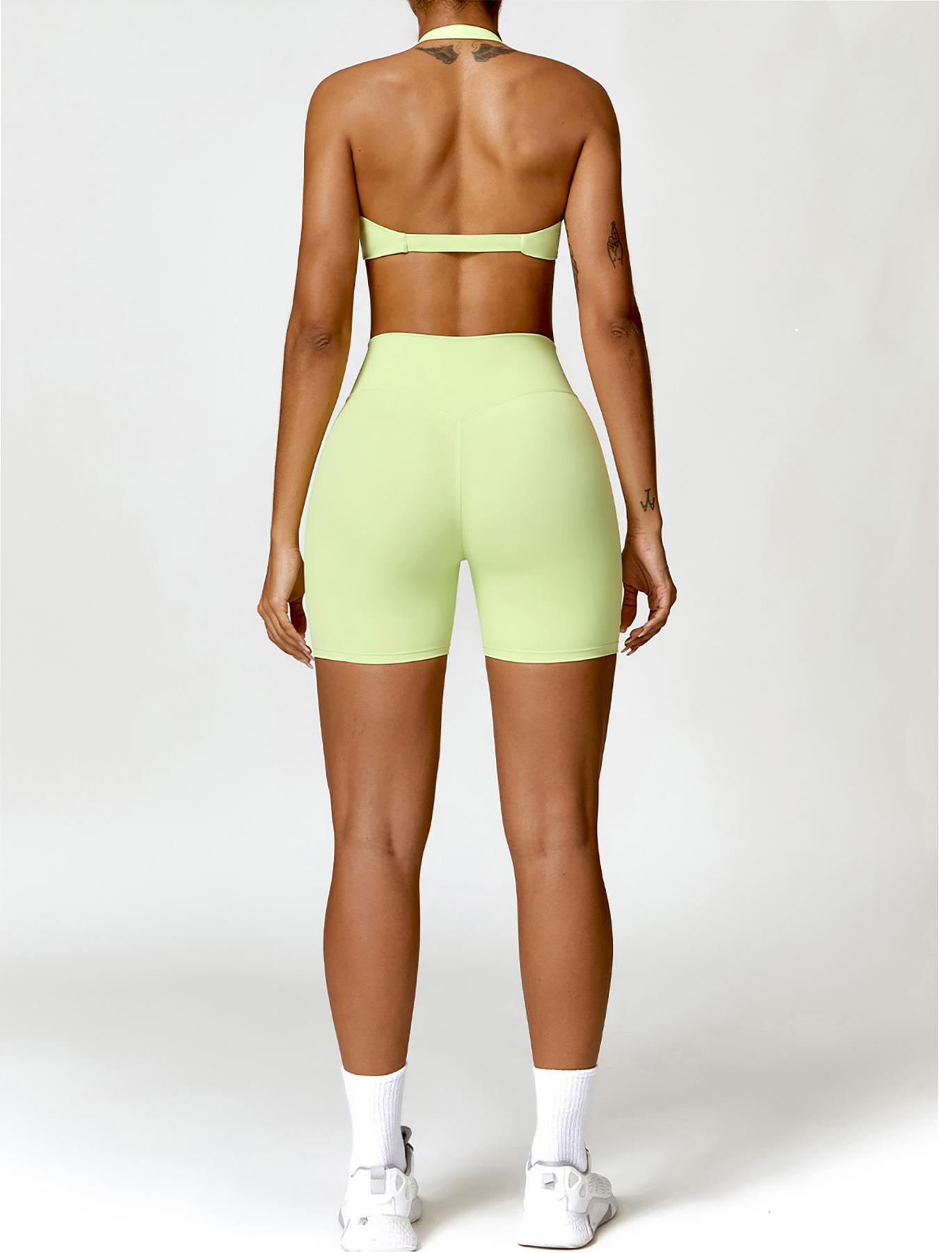 2 Counts Women's Solid Twist Ruched Backless Halter Crop Top & High Waist Short Leggings Tracksuit Set, Sporty Outfits Activewear Fitness for Yoga Gym Workout Running, Sports Quick Drying Set, Ladies Sportswear for All Seasons, Two Piece Sets Tracksuits