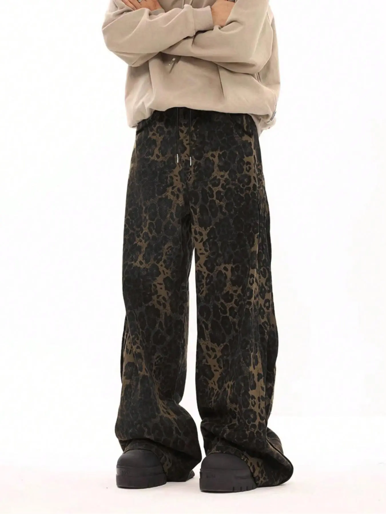 Oversized Baggy Leopard Print Wide Leg Sweatpants, Vintage Loose Fit Long Pants, Drawstring Straight Leg Casual Home Sports Pants, Fall Winter Everyday Wear