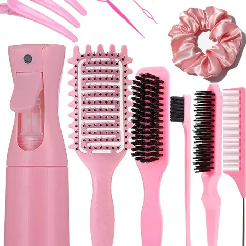 6/12pcs Hair Styling Kit, Including Edge Brush, Rat Tail Comb, Teasing Volumizing Comb, Curl Comb, Bristle Beard Brush, Spray Bottle, Duckbill Clips and Bun Maker, Hair Styling Tools for Women and Men, Suitable for Home, Salon and Travel, Hair Styling Set