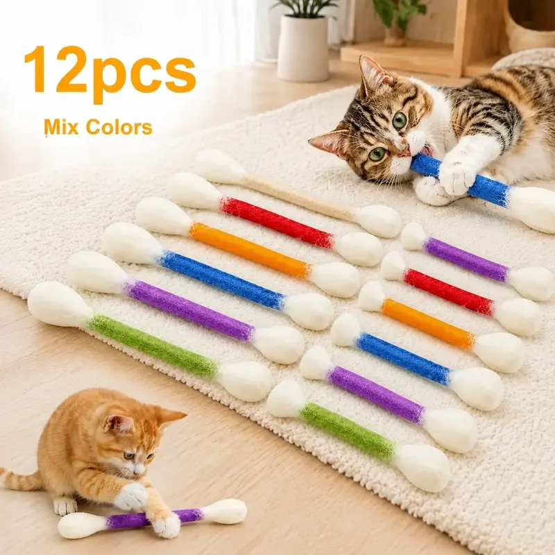 6-Pack Giant Q-Tip Shaped Cat Toys, Soft Felt Cotton Swab Teething Sticks, Durable Interactive Indoor Kitten Chew Accessories for Anxiety Relief, Dental Cleaning & Daily Entertainment Gifts