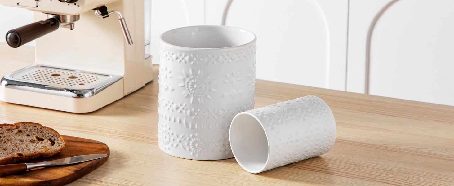 Utensil Holder, 7.2"+5.4" Ceramic Utensil Holder for Countertop, Large Cooking Utensil Crocks for Kitchen Counter, Farmhouse Utensil Vase for Housewarming, Kitchen Decor, Set of 2, Snow