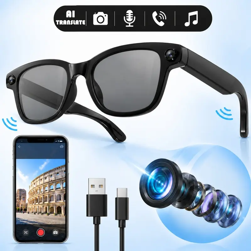 Smart Glasses, Camera Glasses with Photo Capture, AI Voice Input, Bluetooth Music and Calls, Object Recognition and Photochromic UV Protection