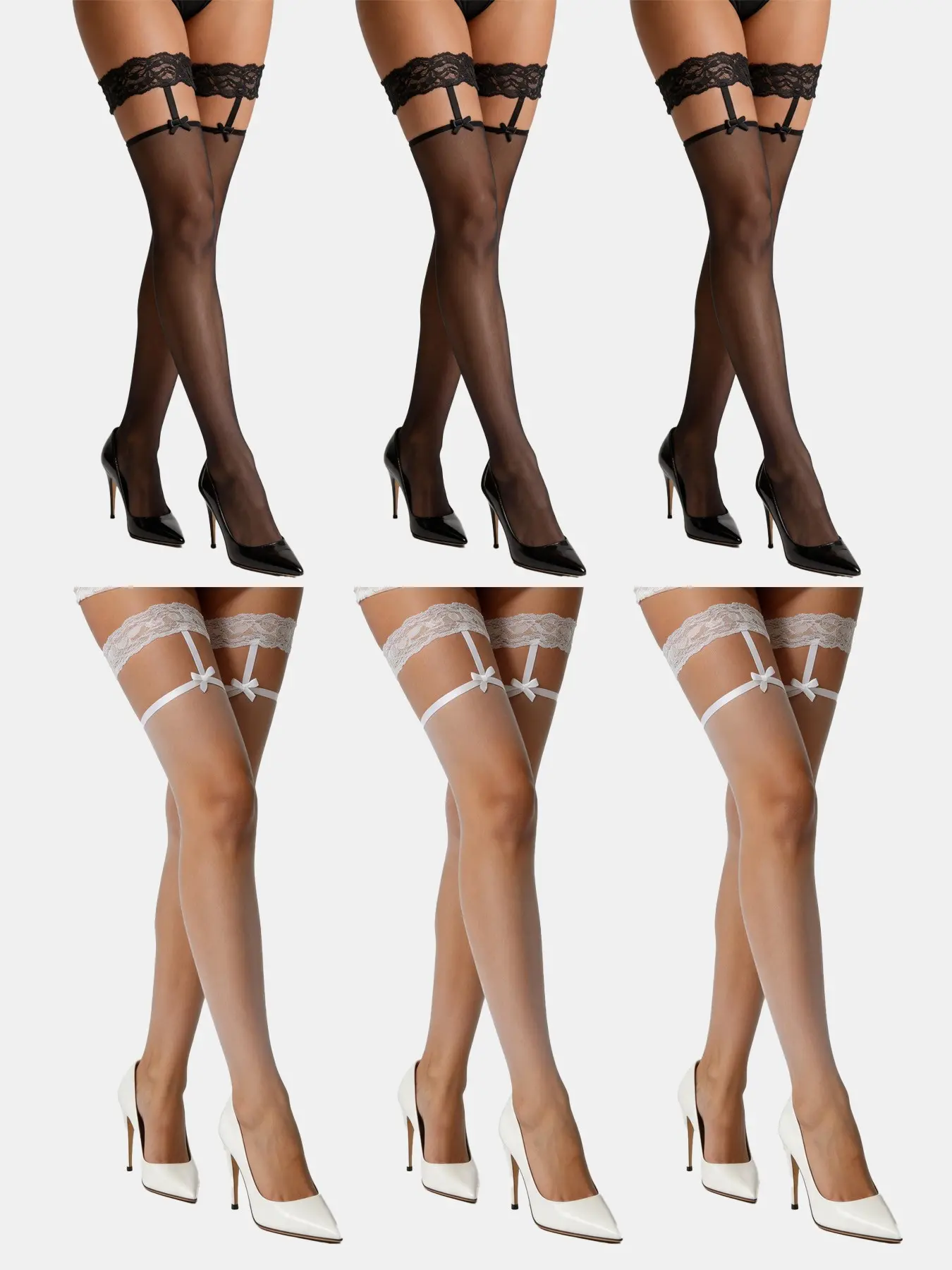 6 Pairs Women Lace Bow Garter Thigh High Stockings, Sheer Summer Over Knee Hosiery, Gothic Coquette Socks for Cosplay Party Daily Wear