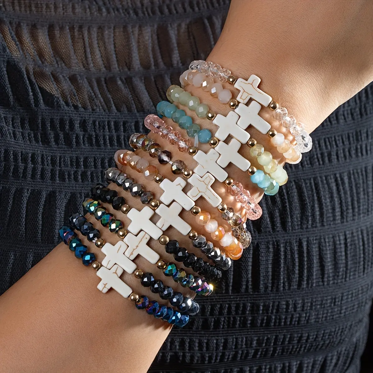 Unisex 12pcs Turquoise Resin Crystal Cross Elastic Bracelet Matching Sets - Vacation Style, for Daily Wear, Gifting