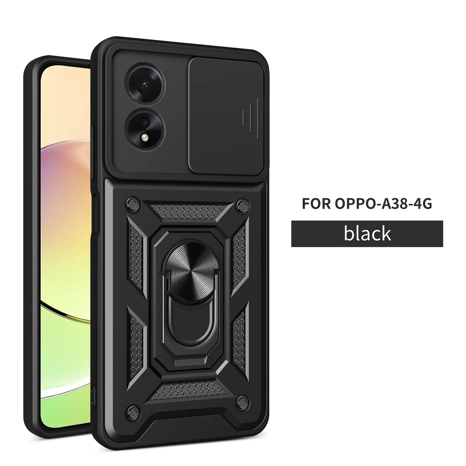 Case for OPPO A18 4G/OPPO A38 4G, Protective Anti-Scratch Lens Cover, Shockproof, 360° Rotatable Ring Stand, Durable Outdoor Cellphone Casing Protector with Protection for OPPO A18 4G/OPPO A38 4G Smartphone Case